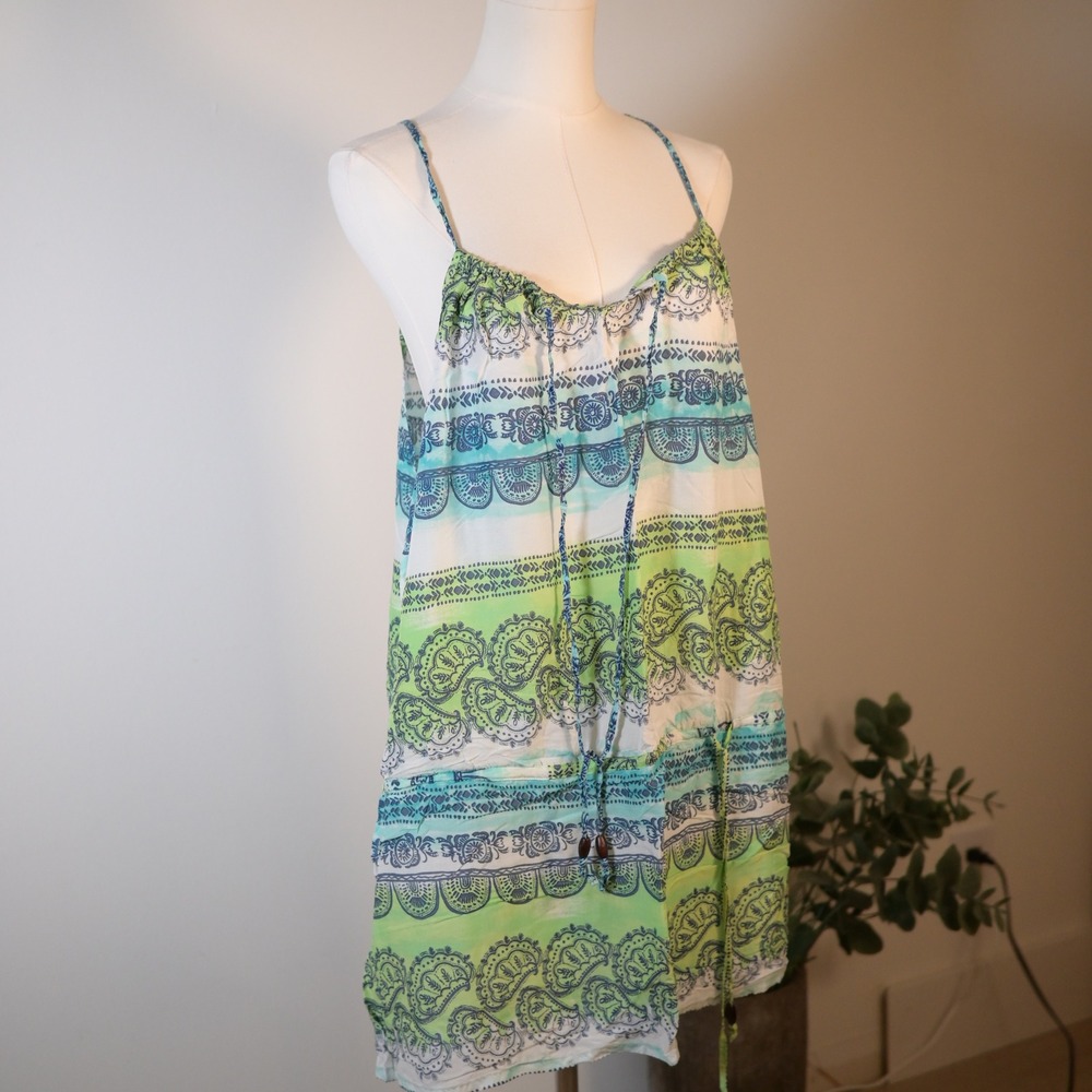 Faded Glory Womens XL Blue Green Paisley Print Rayon Sun Dress Boho Camisole
